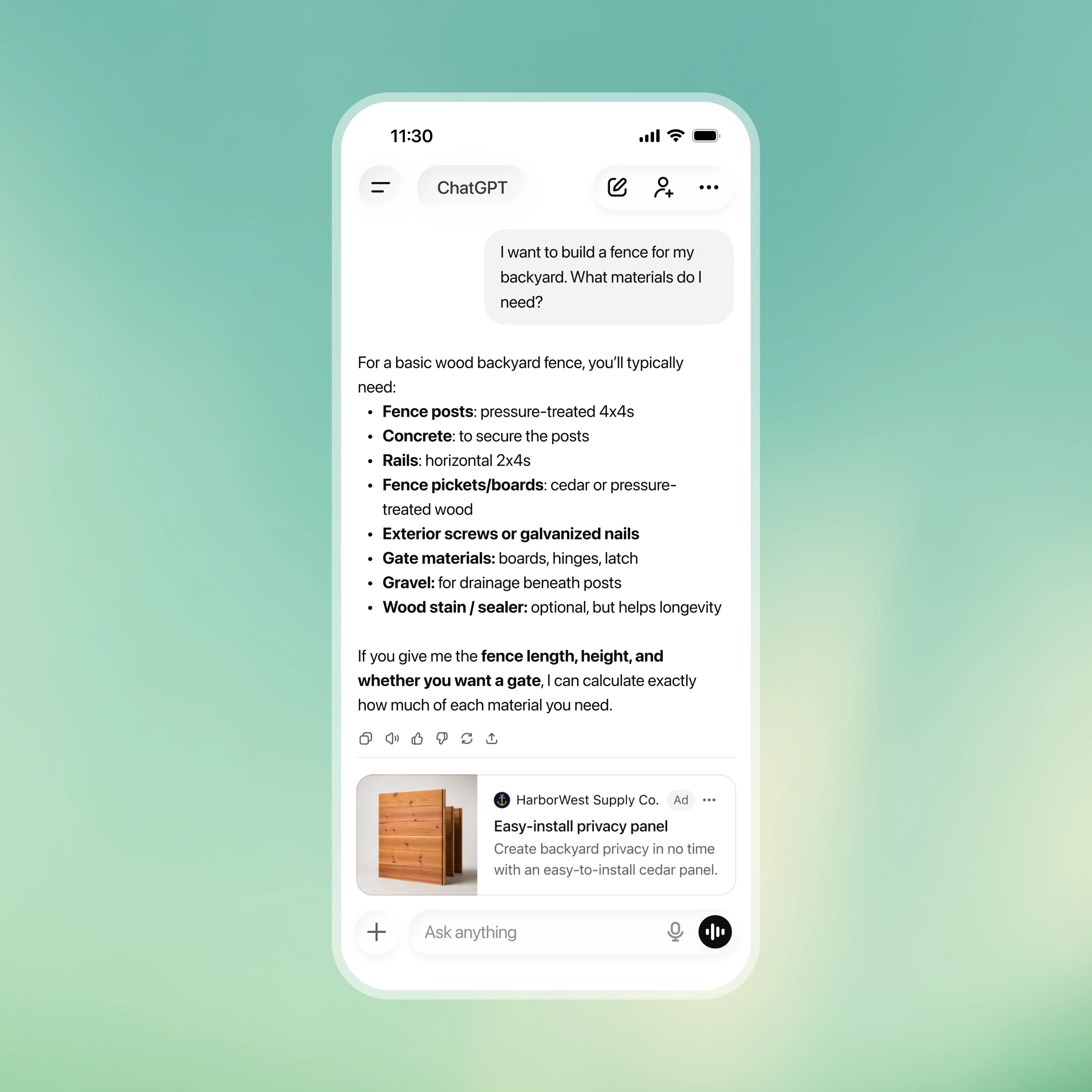 Example ChatGPT Ad Format on Mobile