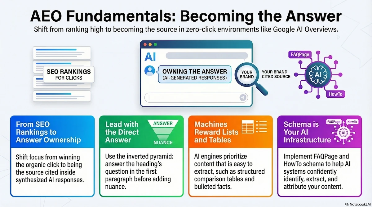Answer engine optimization dashboard showing AI Overviews, snippets, and citation opportunities