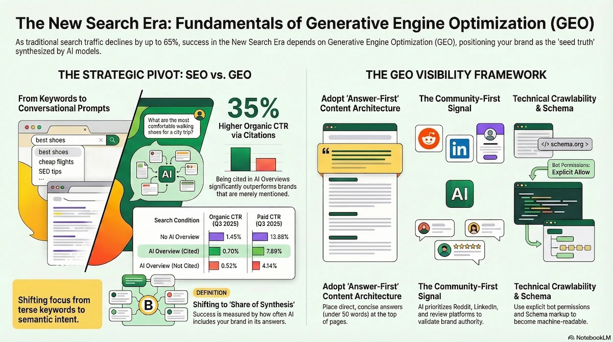 Generative engine optimization diagram showing content flowing into multiple AI platforms